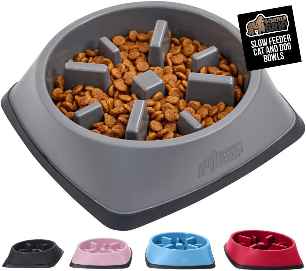GORILLA GRIP Patent Pending Slow Feeder Dog Bowls, Interactive Puzzle Toy for Dogs and Cats Food Training, Keeps Pets Busy and Prevents Puppy Overeating, All Breeds, 100% BPA Free, 1 Cup, Gray