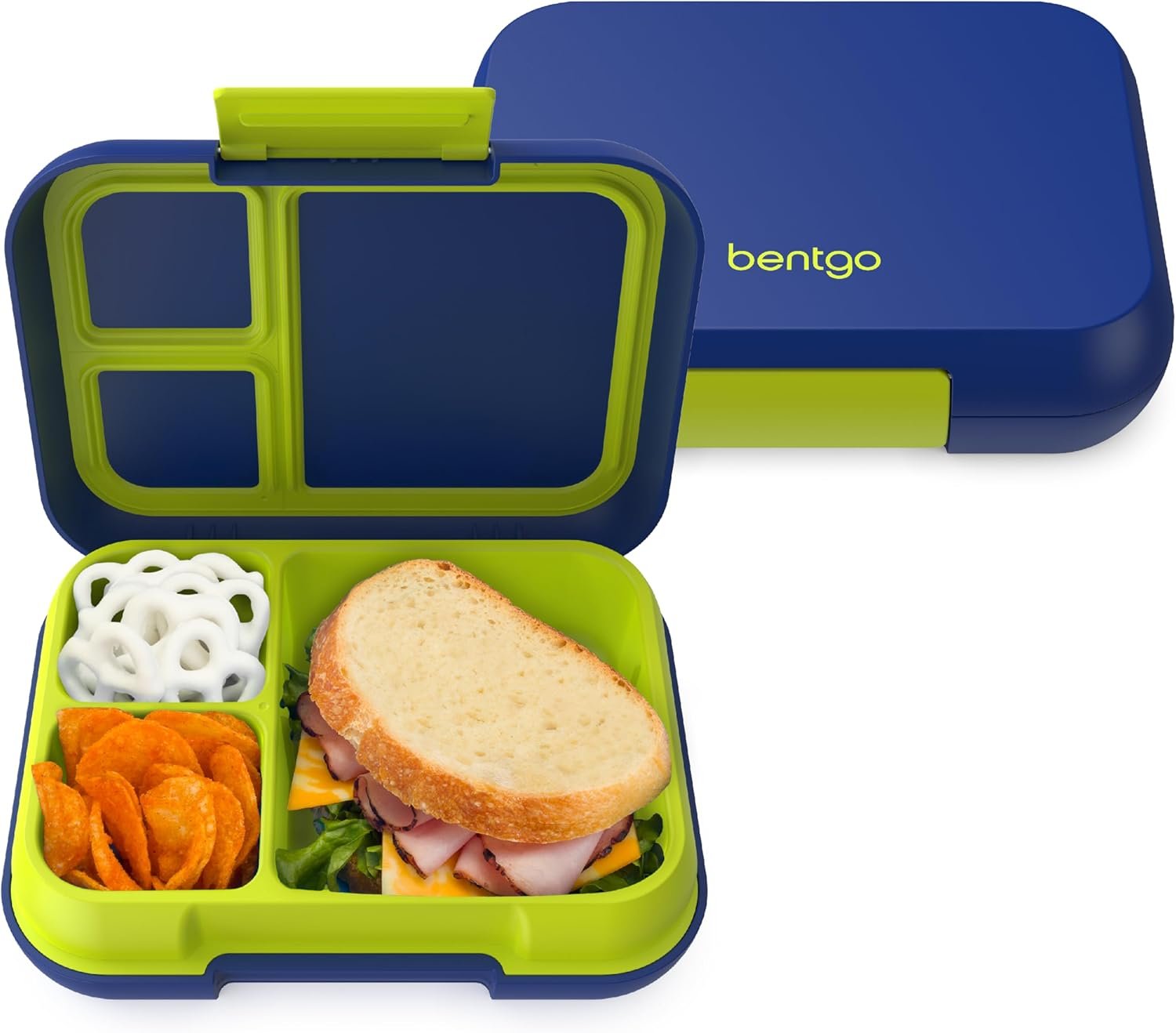 Bentgo Pop – Leak-Proof Lunch Box & Removable Divider for Ages 8+ & Teens – Lunch Container Holds 5 Cups of Food; 3-4 Compartments; Microwave/Dishwasher Safe; 2 Year Warranty (Navy Blue/Chartreuse)
