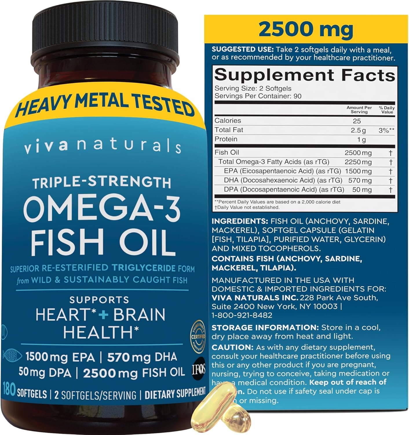 Triple Strength Omega 3 Fish Oil Supplement for Women and Men – 2500 mg High-Potency, Easy-to-Absorb Re-esterified Triglyceride Form, Pescatarian-Friendly DPA EPA DHA Omega 3 Supplement, 180 Softgels