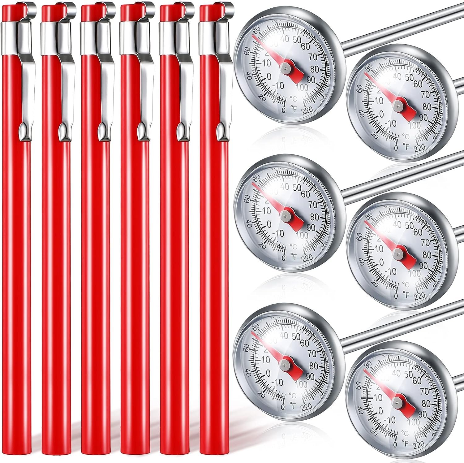 Xuhal 6 Pcs Stainless Steel Kitchen Thermometer with 5 Inch Long Stem 1 Inch Dial Thermometer Milk Frothing Food for Oven Probe Meat Grill BBQ Cooking Chocolate Water(Red)