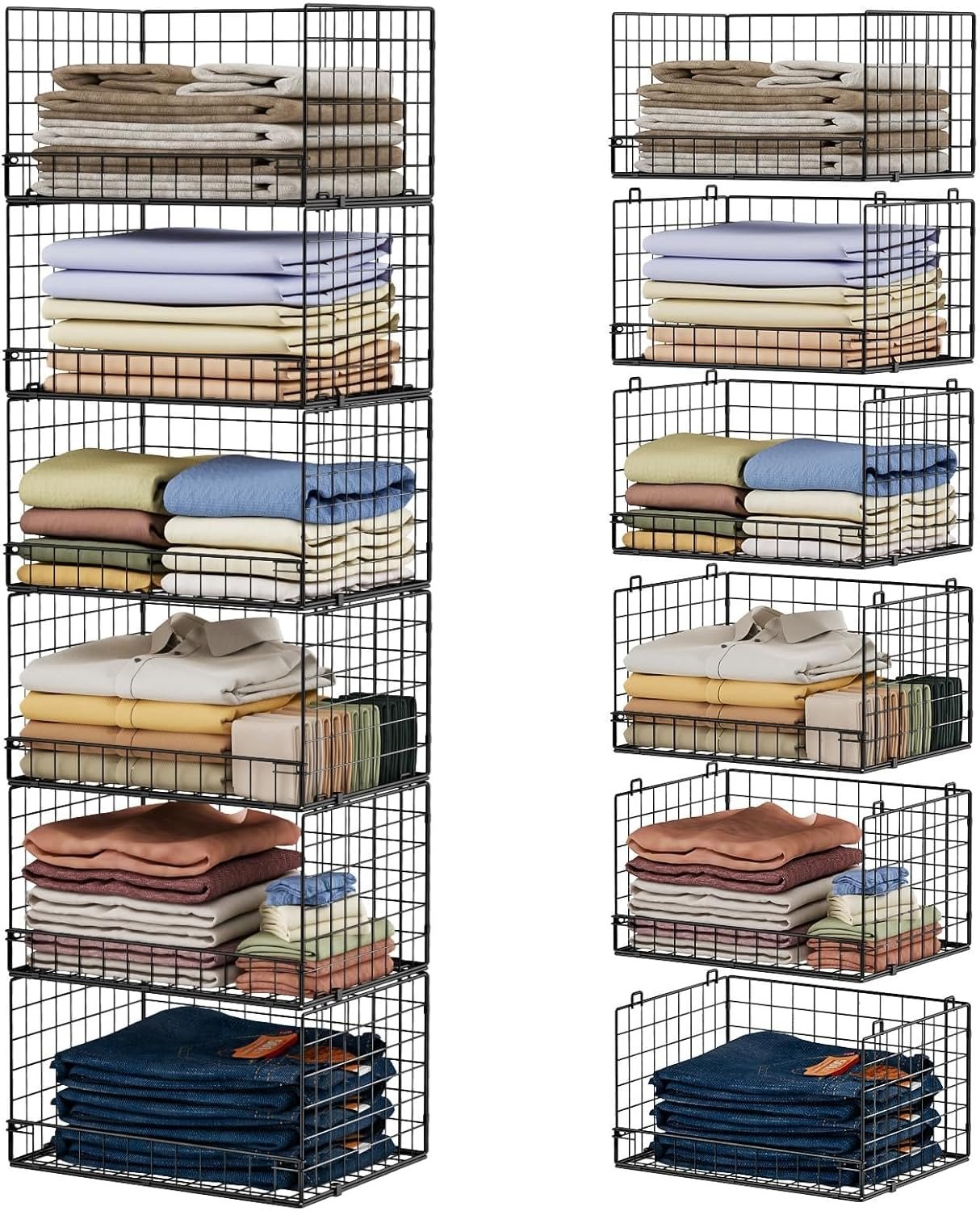 6-Tier Stackable Closet Organizers and Storage Shelves, Closet Shelf Organizer Basket Bins, Foldable Sweater Storage for Clothes Organizer System, Black（Patent Pending）
