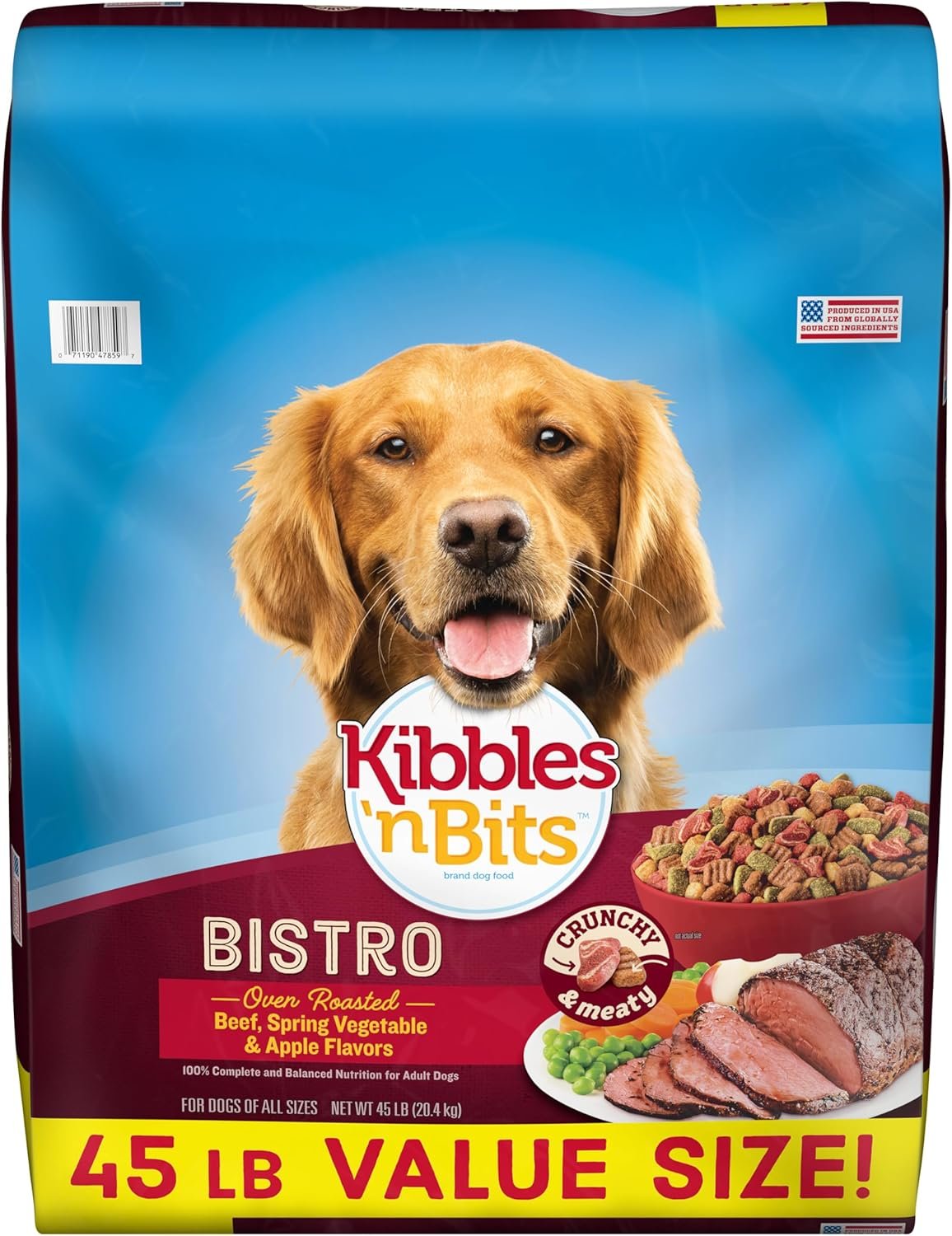 Kibbles ‘n Bits Bistro Dry Dog Food, Oven Roasted Beef, Spring Vegetable & Apple Flavors for Adult Dogs, 45 lb. Bag