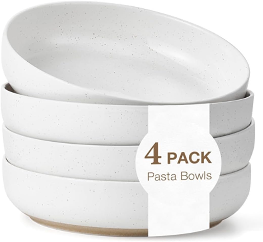 8.3″ Pasta Bowls Set of 4, 34 oz Ceramic Salad Bowls, White Serving Plate, Wide and Shallow Bowl for for Fruits, Noodle, Dinner, Housewarming Wedding Christmas Dishwasher and Microwave Safe