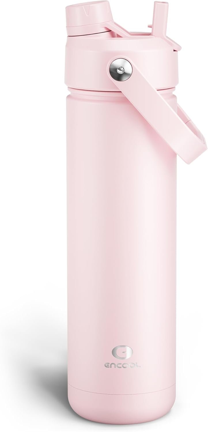 ENCOOL Insulated Water Bottle with Straw Stainless Steel Water Bottle, Leak-Proof, BPA-Free, Double Wall Vacuum Keeps Cold for 24 Hours for Sports, Travel, School (26 oz, Cotton Candy)