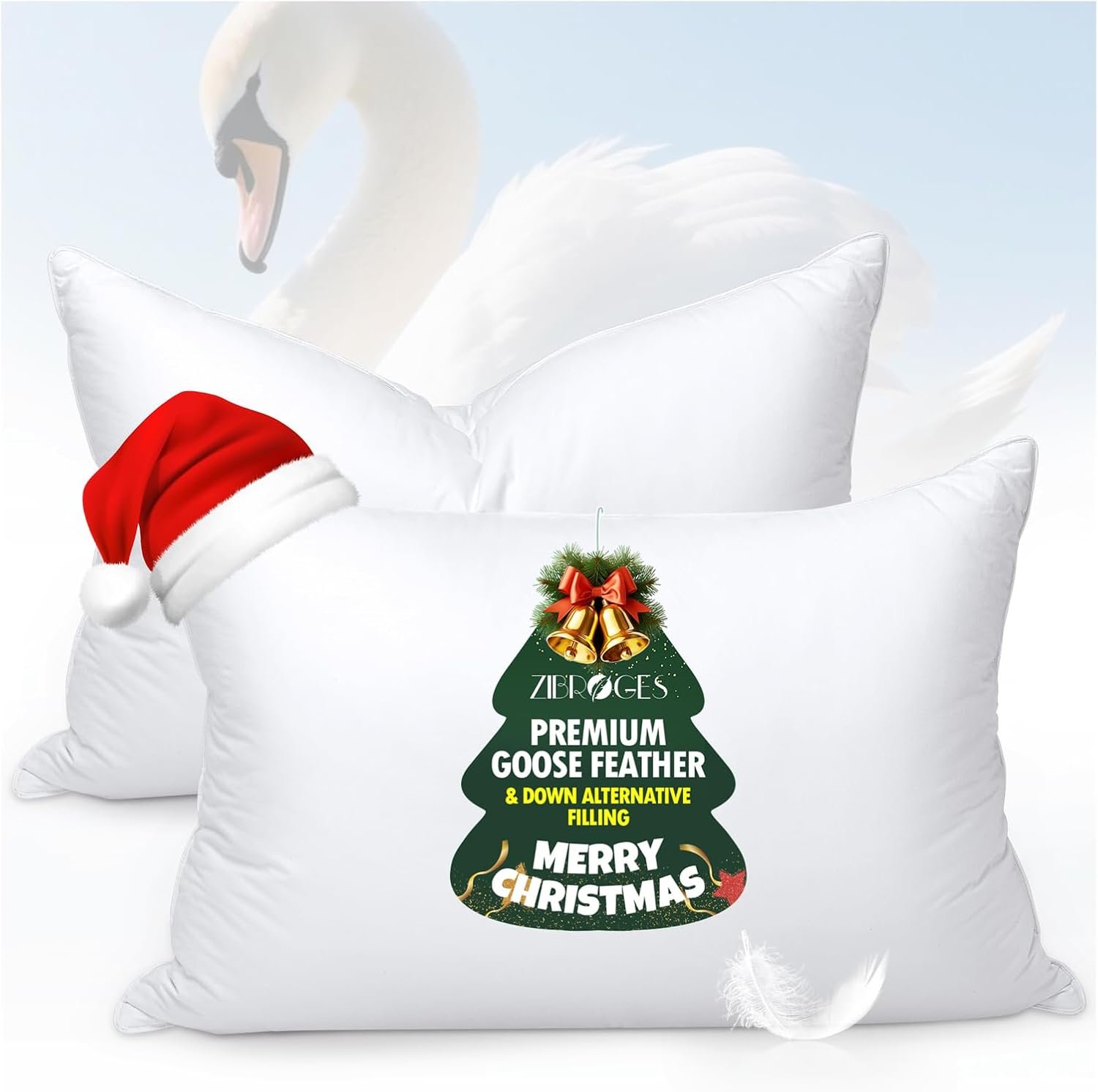 Goose Feather Pillows Queen Size Pack of 2 – Hotel Down Bed Pillow for Sleeping, Soft 600 Thread Count Cotton Cover, Fluffy Support Surround Fill Polyester for Side, Stomach, Back Sleepers