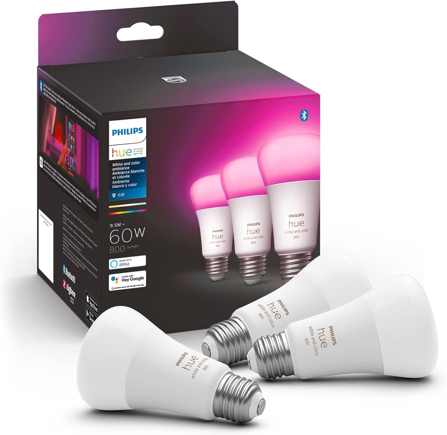 Philips Hue A19 LED Smart Light Bulb – White and Color Ambiance – 60W Indoor Light Bulb – Control with Hue App – Compatible with Alexa, Google Assistant and Apple Homekit – 3 Pack
