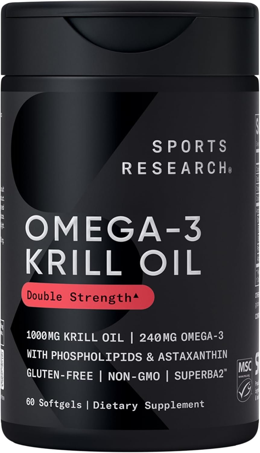 Sports Research® Omega-3 Krill Oil 1000mg – Pure Antarctic Superba Krill with Phospholipids, Choline & Astaxanthin – MSC Certified Sustainable · Non-GMO · Gluten Free – 60 Softgels