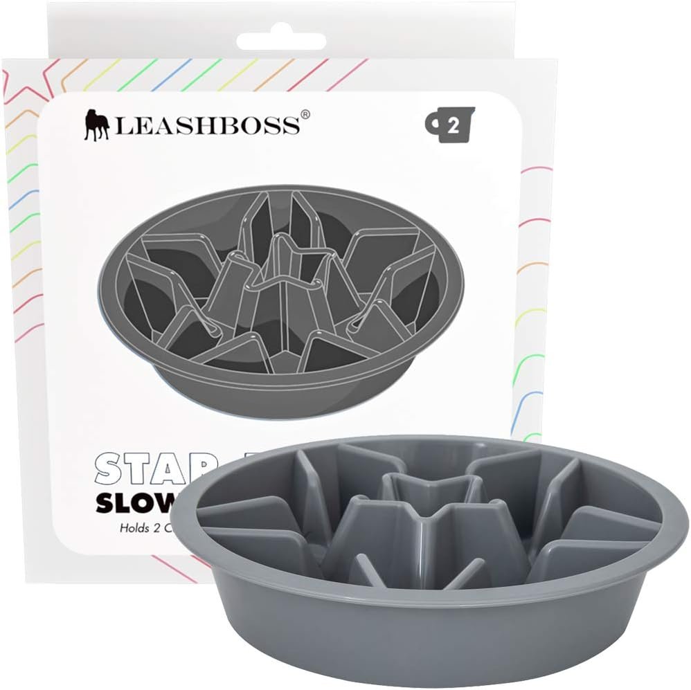 Leash Boss Slow Feeder Dog Bowls – Nonslip Slow Feeder Insert, Healthy Eating Dog Food Bowl, Includes Puppy Essentials Placemat & Star Mold, 2 Cup, Gray
