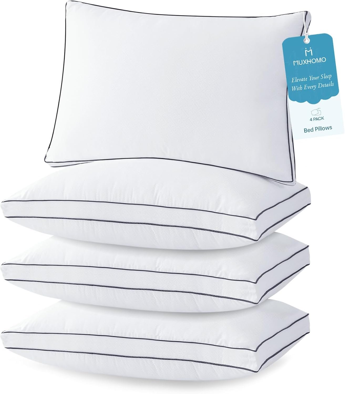 MUXHOMO Bed Pillows Standard Size Set of 4, Hotel Collection Sleeping Pillows Full Size Set of 4 for Side and Back Sleepers, Down Alternative Plump Filling, 20 x 26 Inches