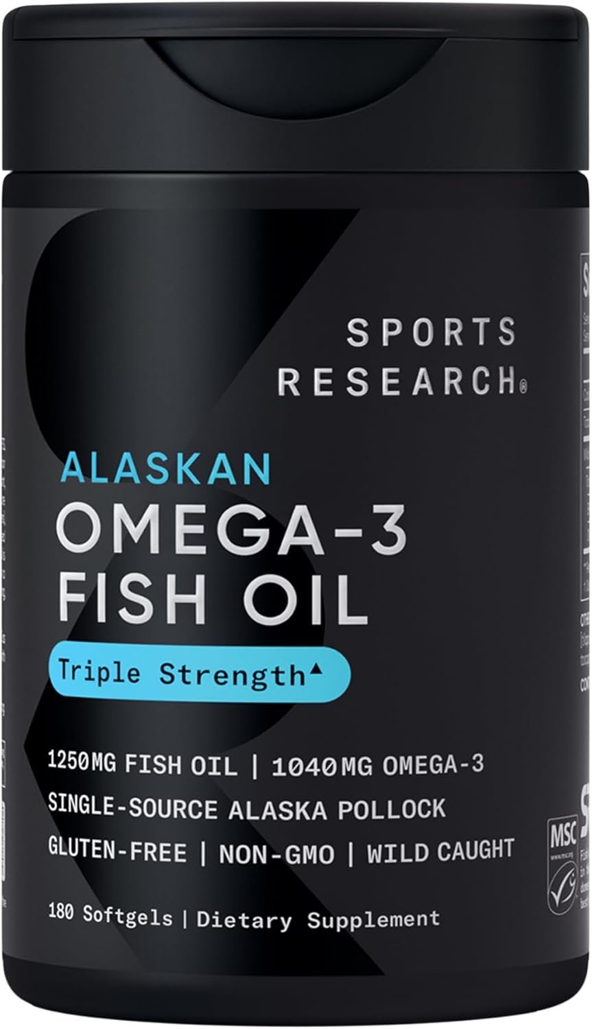 Sports Research® Omega-3 Fish Oil 1250 – Triple Strength Fish Oil Supplement from Wild Alaska Pollock – MSC Certified Sustainable · Non-GMO · Soy Free – 180 Softgel Capsules