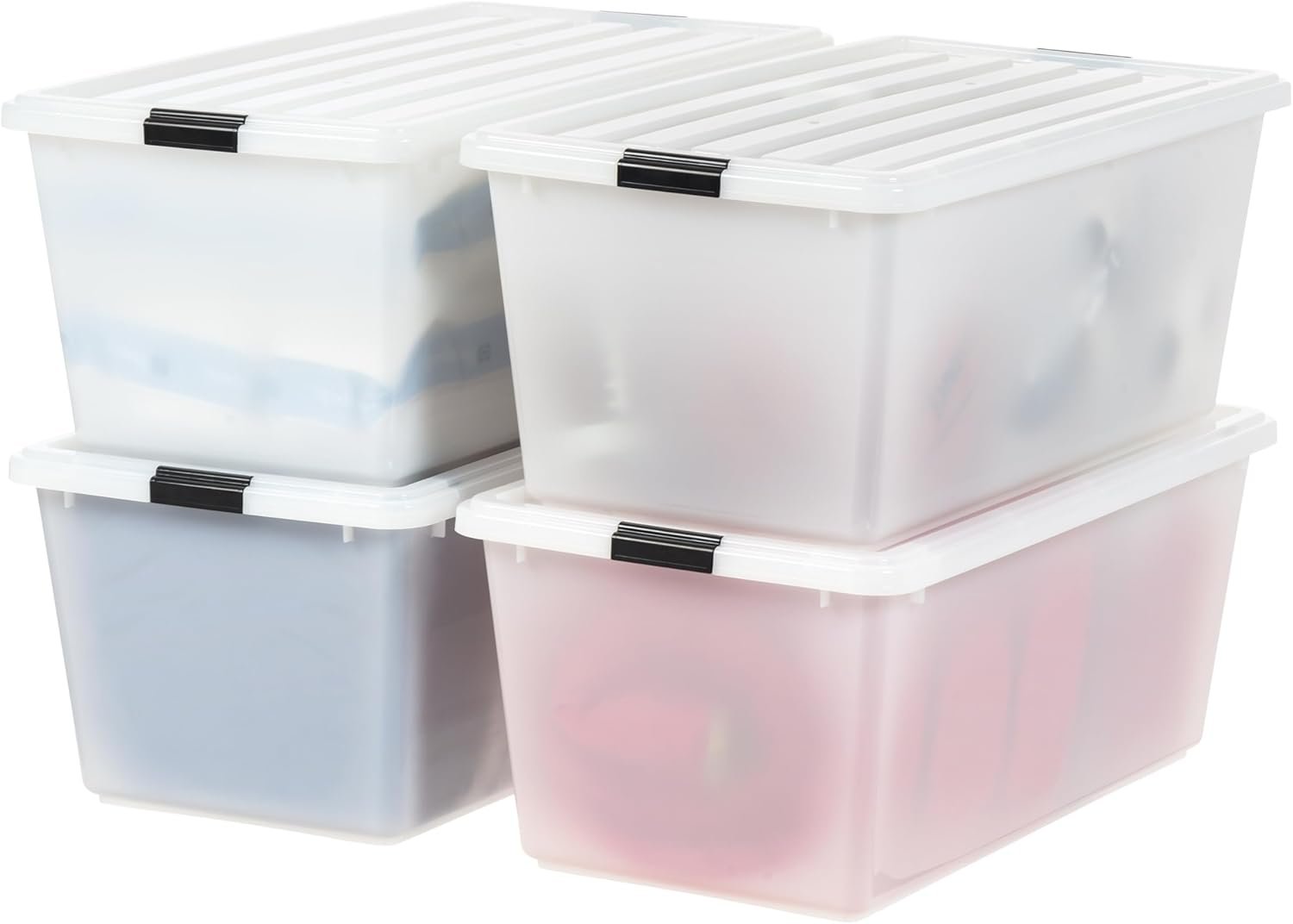 IRIS USA 91 Qt Stackable Plastic Storage Bins with Lids, 4 Pack – BPA-Free, Discreet Organizing Solution, Latches, Durable Nestable Containers, Secure Pull Handle, Made in USA – Pearl
