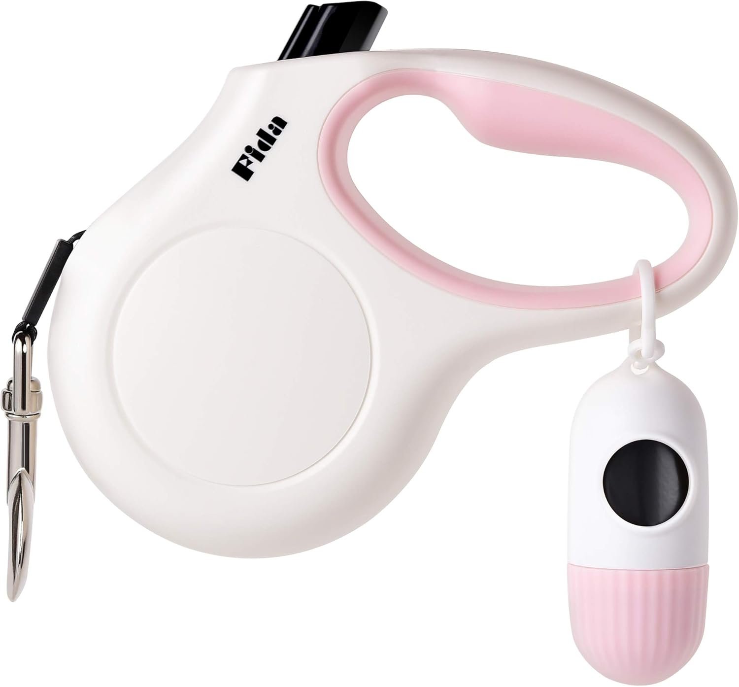 Fida Retractable Dog Leash for Small Breed up to 26 lbs, 16 ft Pet Walking Leash with Dispenser and Poop Bags, Anti-Slip Handle, Reflective Strong Nylon Tape, One-Handed Brake (S, White & Pink)