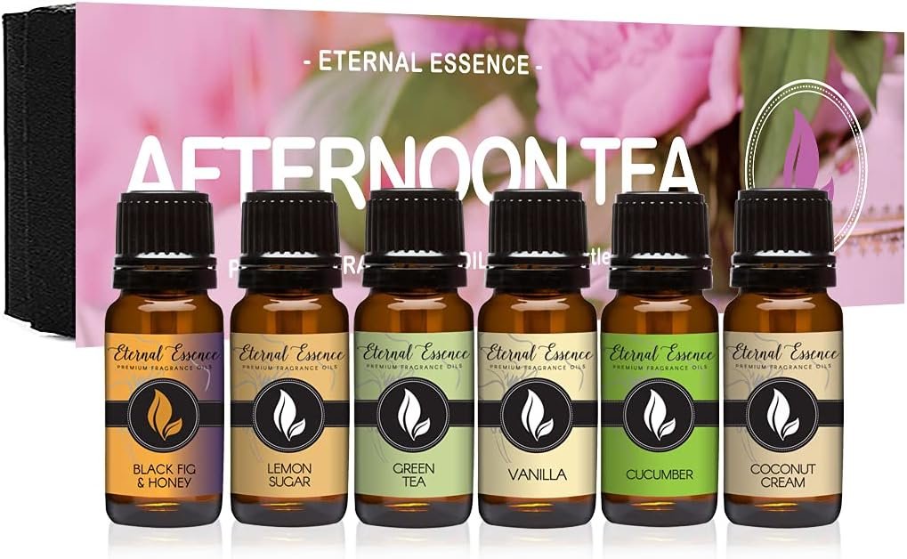 Eternal Essence Oils Afternoon Tea Set of 6 Premium Fragrance Oils – Includes Green Tea, Black Fig & Honey, Cucumber, Lemon Sugar, Vanilla and Coconut Cream Scented Oils – 10ML