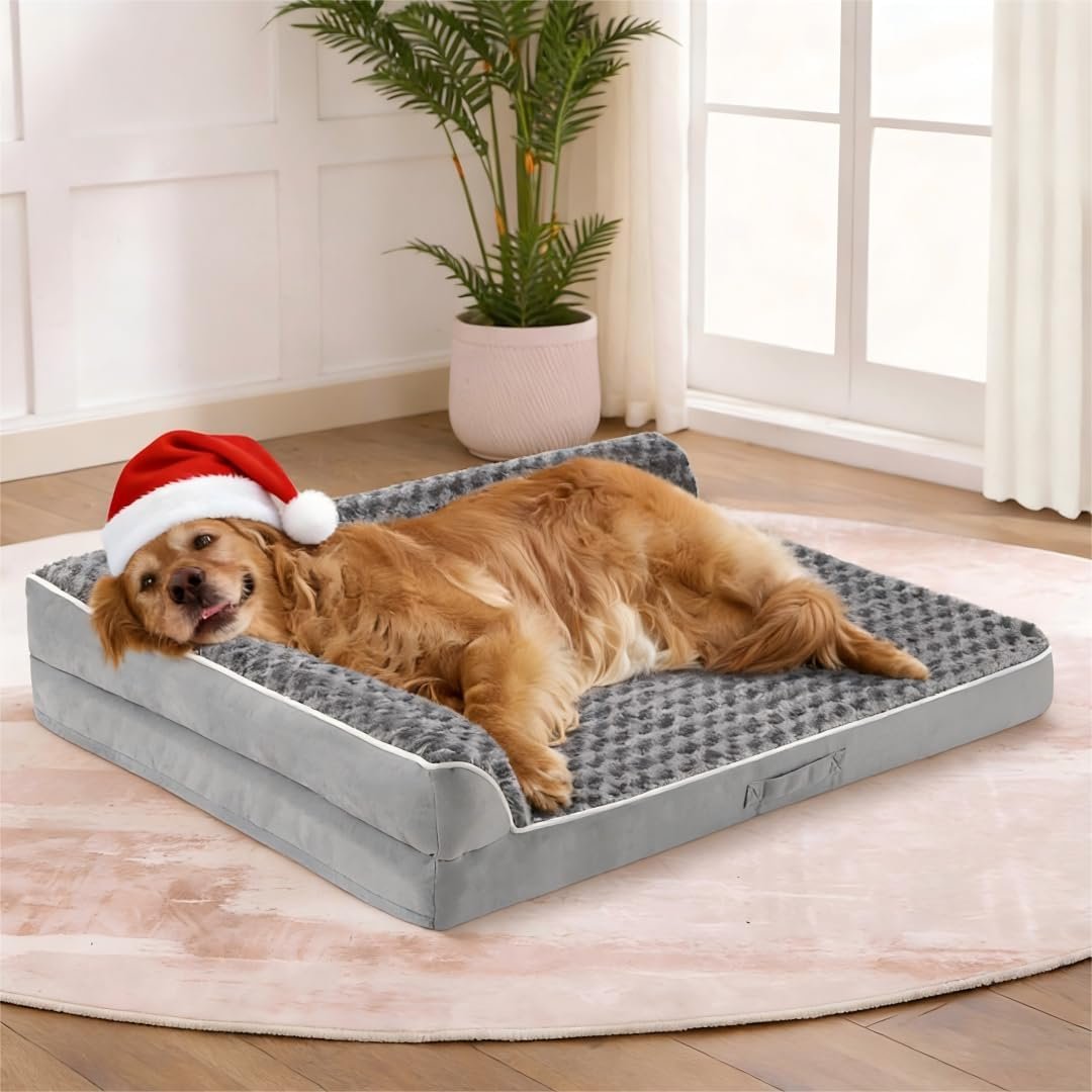 Dog Beds Large Sized Dogs, XL Orthopedic Dog Beds for Large Dogs 42″x30″x7.5″, Waterproof Pet Bed with Washable Cover, L-Shaped Pet Couch with Portable Handle, Grey