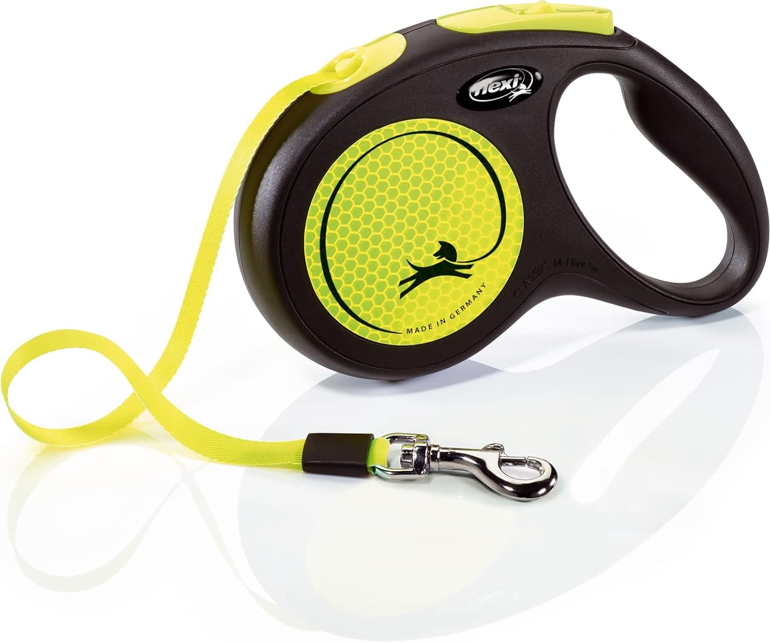 FLEXI New Neon Tape Retractable Dog Leashes for Medium Dogs Upto 55 lbs. – 16 ft., Neon Yellow/Black | Tangle Free Pet Walking Leash with One-Handed Brake, Pause, Lock|German Quality Product