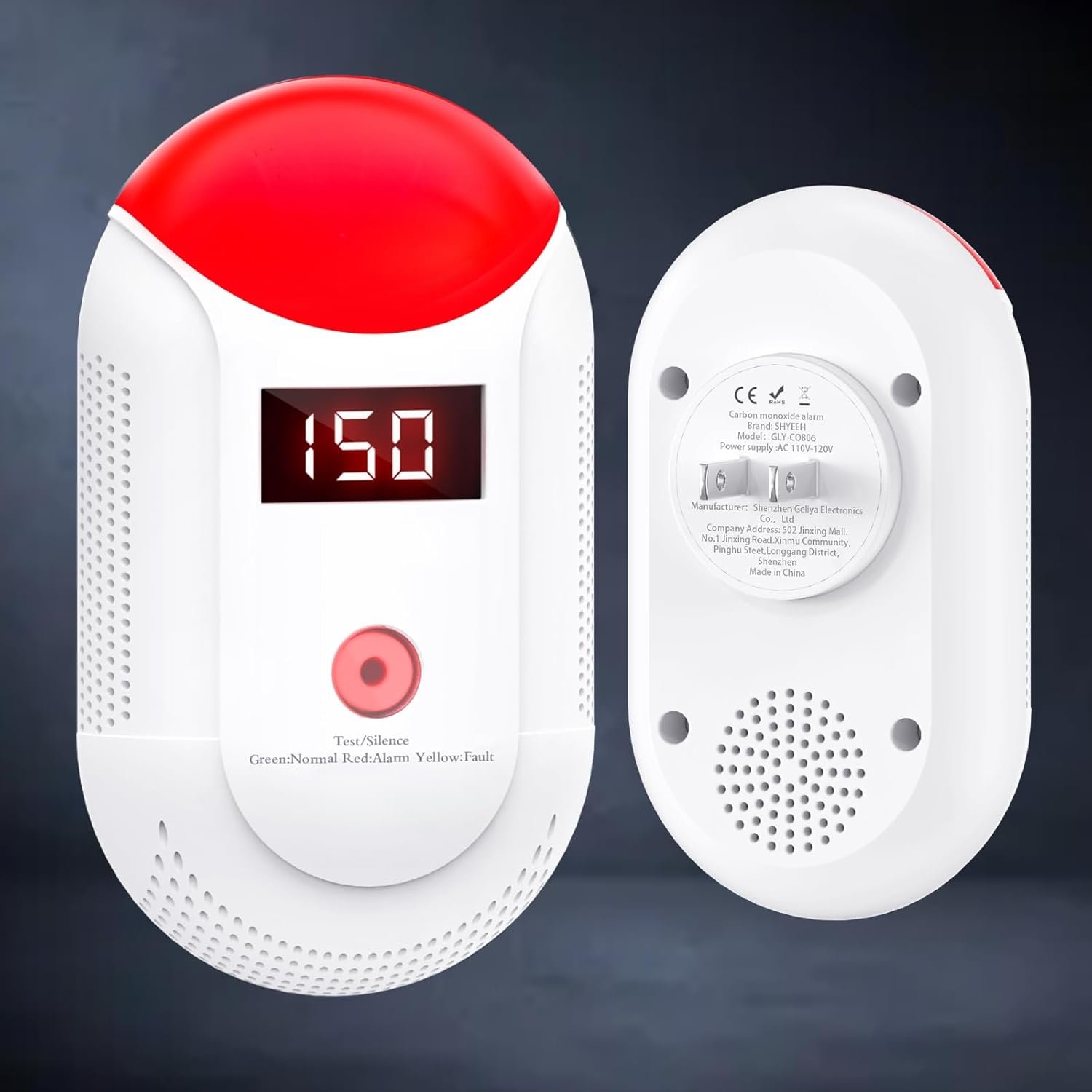 Carbon Monoxide Detectors Plug in, Carbon Monoxide Alarm with Digital Display Sound and Light Warning, Co Detector Plug in for Travel, Kitchen, Living Room, Bedroom GLY-CO806, 1 Pack