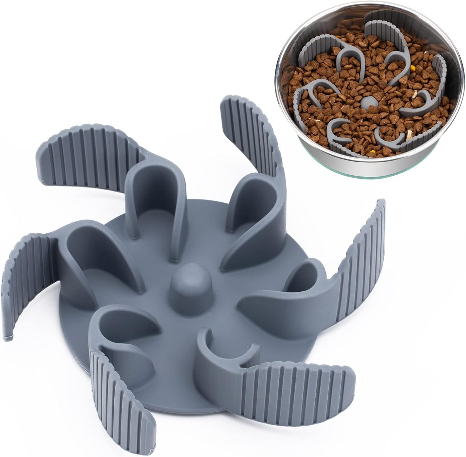 Slow Feeder Dog Bowls Insert [Octopus Suction Cups] Super Firm Slow Eating Dog Bowl [Cuttable] for Large Breed and Medium Size Dog Compatible with Regular and Elevated Dog Bowls (Flower)