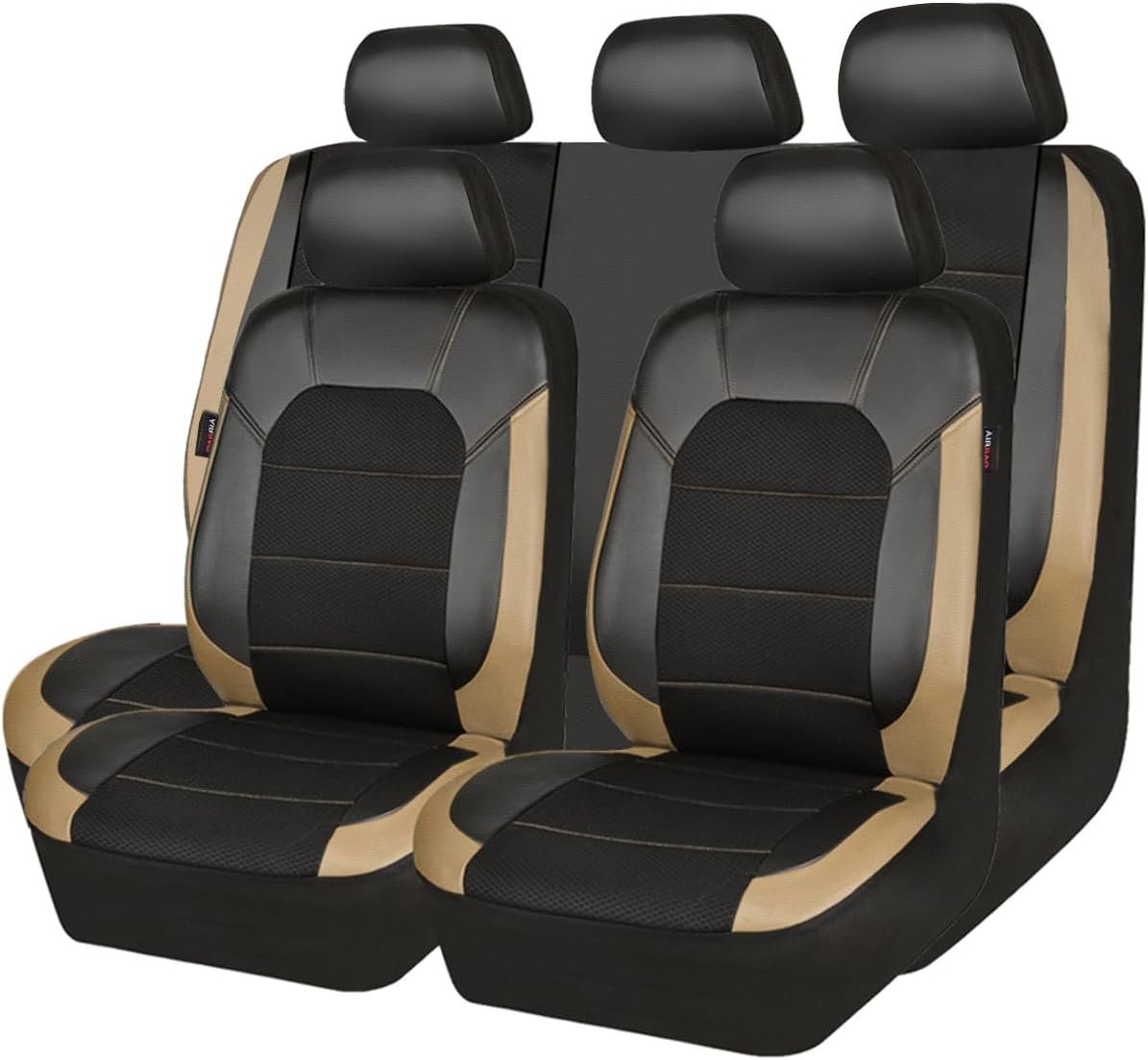 CAR PASS Leather seat Covers,Automotive Universal Sport car seat Cover Super 5mm Composite Sponge Inside,Airbag Compatible fits Most Cars, SUVs, Trucks, and Vans (Full Set,Black and Beige)
