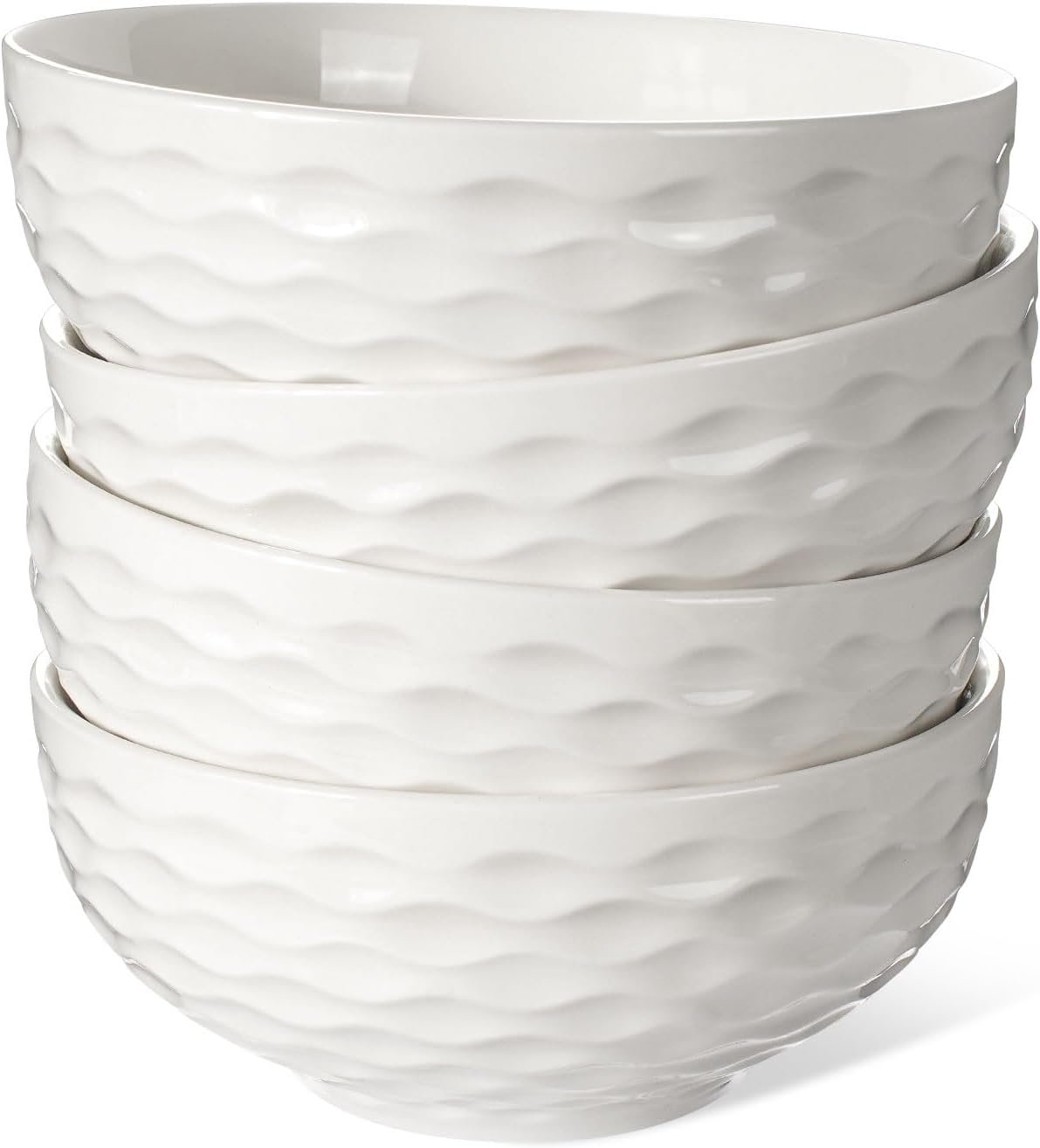 Artena Ceramic Cereal Bowls 26 oz, Embossment Soup Bowls Set of 4, White Salad Bowl for Kitchen, Dinner, Breakfast, Oatmeal, Rice, Pasta, Dishwasher Microwave Safe, 6 inch, Seawave