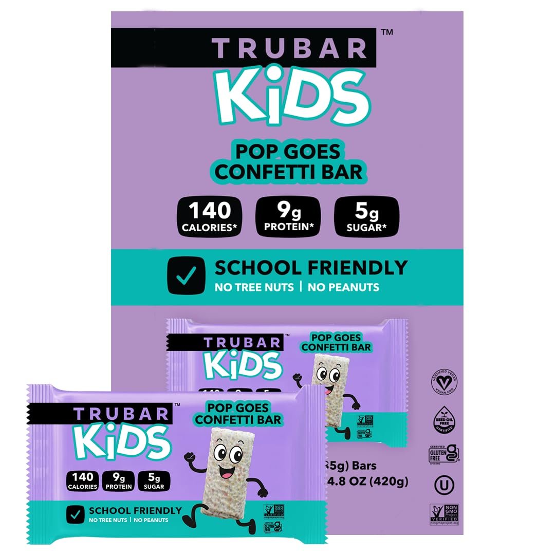 TRUBAR Kids Protein Bars, Pop Goes Confetti, Plant Based Protein, Gluten Free School-Friendly Snacks for Lunchboxes, Tree Nut and Peanut Free, Low Sugar, Healthy On the Go Snack Bars, 12 Count