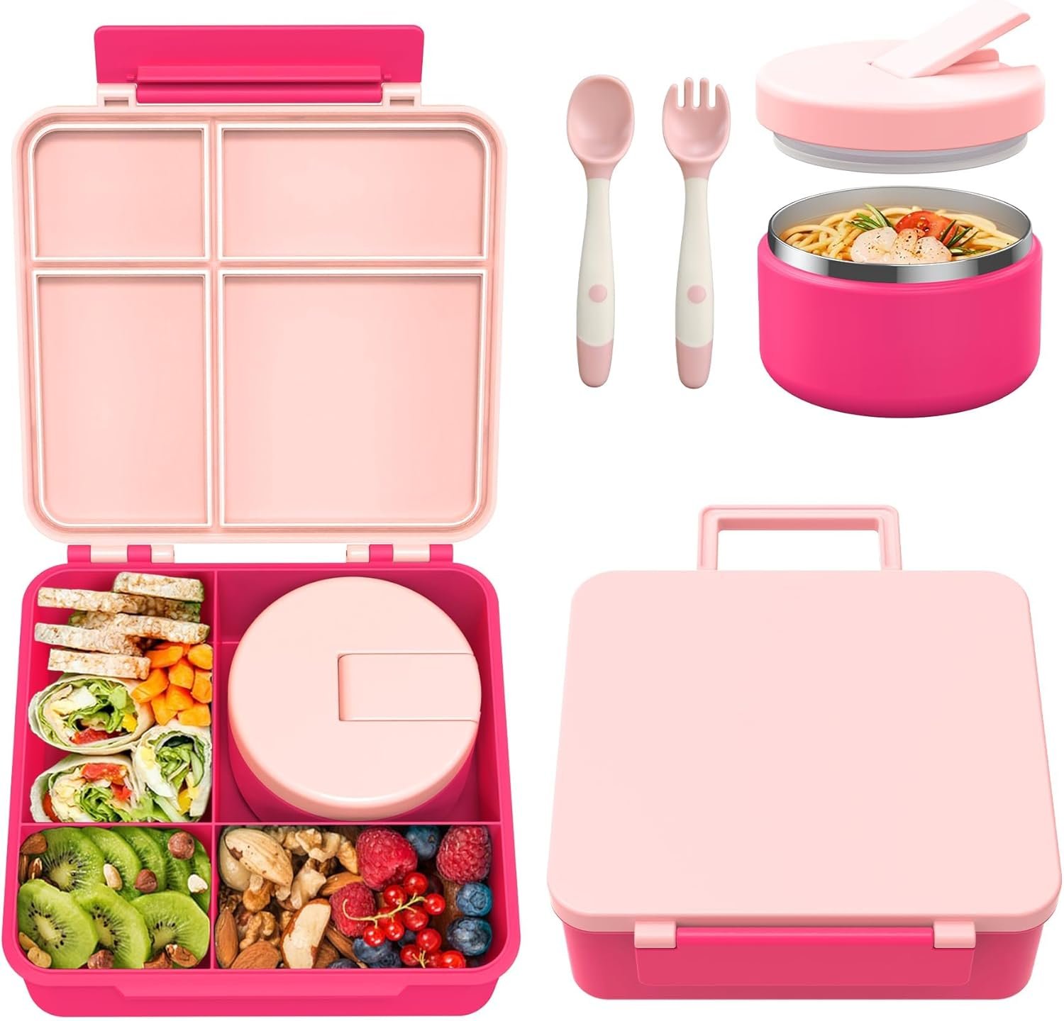 Bento Lunch Box with 8oz Soup Thermo, Kids Leakproof Lunch Food Containers with 4 Compartment, Kids Thermo Insulated Hot Food Jar for School, Trvael – (Pink)
