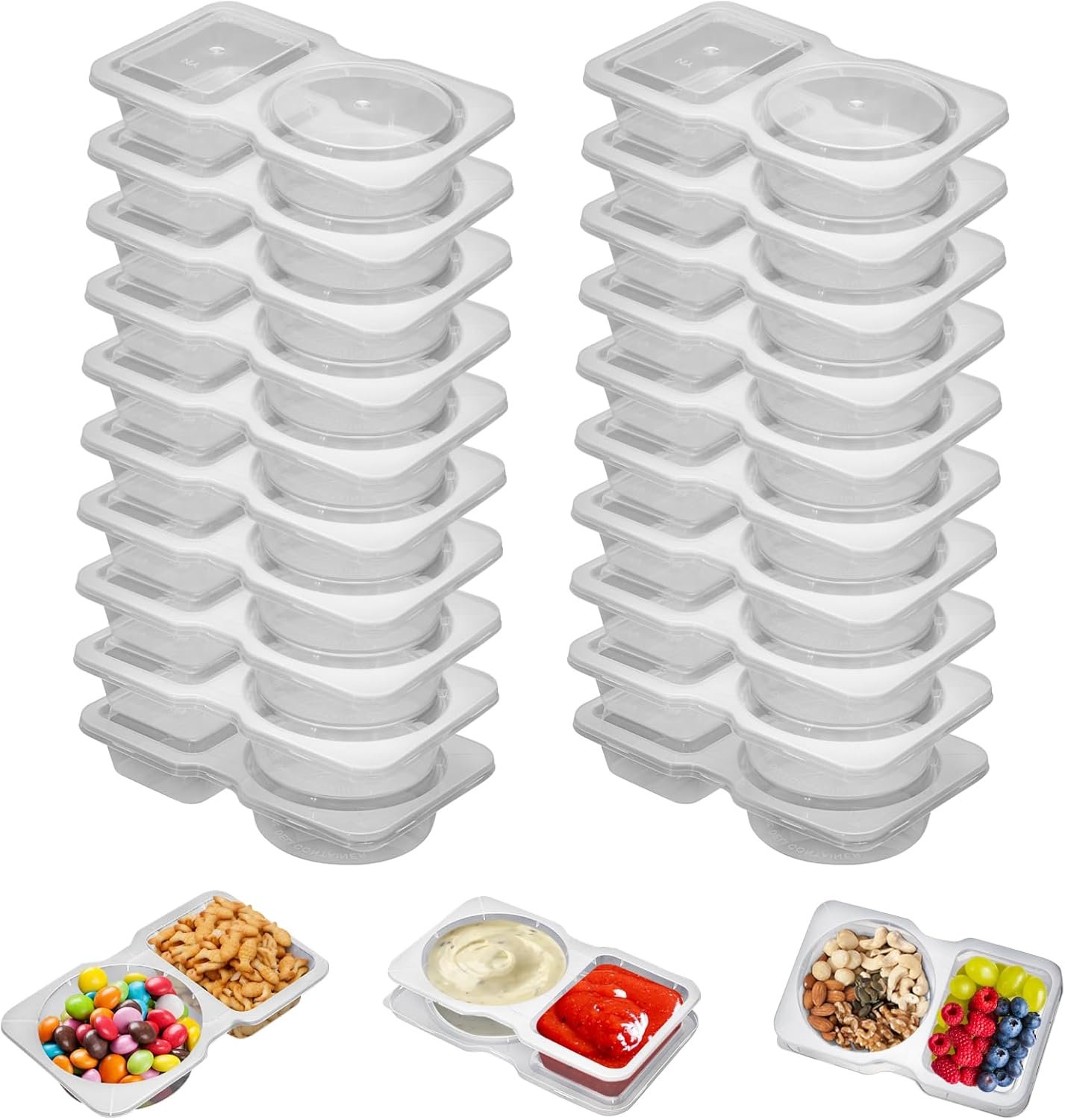 20 Set Reusable Snack Containers, 2-Compartment Dipping Containers with Lid for Refrigeration, Portion Control, Outdoor Takeaway Sauce Dip Case