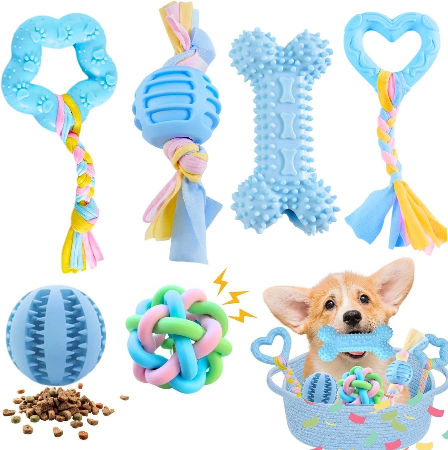 Chew Toys for Small Dogs – 6 Pack Teething Set, Soft Rubber, Eco-Friendly, Teeth Cleaning, Interactive Blue Dog Toys