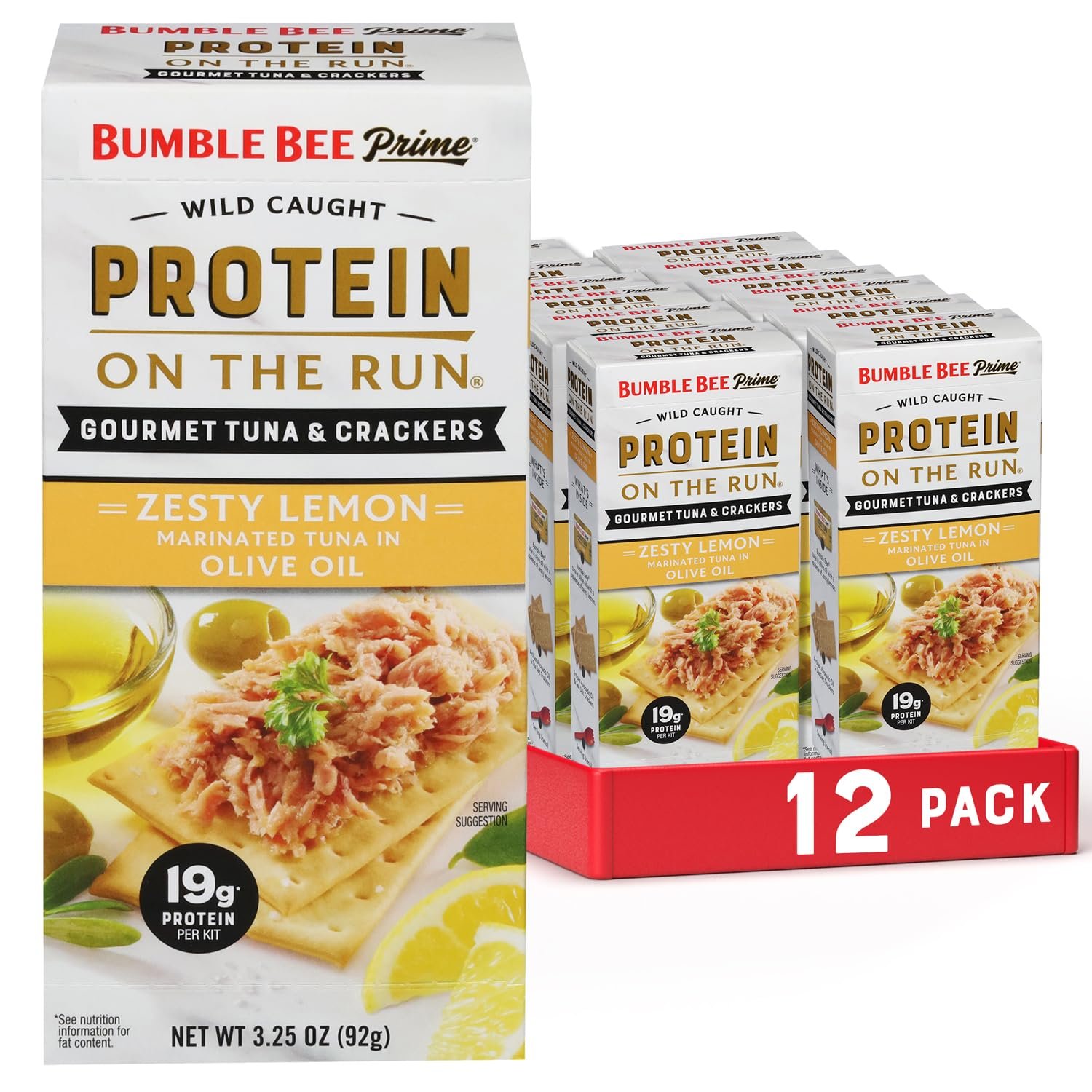 Bumble Bee Prime Protein on the Run Tuna Snack Kit, Pack of 12 – Gourmet Tuna Marinated in Olive Oil & Zesty Lemon with Crackers and Serving Utensil – 19g of Protein Per Serving