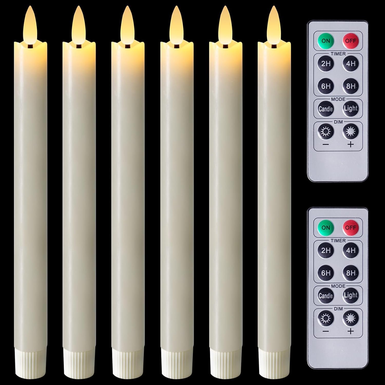 Homemory Waxy Flameless Taper Candles with Remote Timer Dimmer, LED Candlesticks Flickering, Battery Operated Window Candles, 9.6 Inches for Christmas Wedding Celebration Decor, Ivory, 6 Pcs