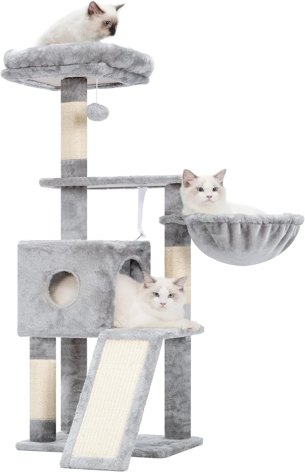 Hey-brother Cat Tree, 42.5-Inches Cat Tower for Indoor Cats, Plush Multi-Level Kitten Cat Condo with Scratching Post,Ramp, Basket, Spacious Cat Cave, Hanging Ball, Light Gray MPJ007SW