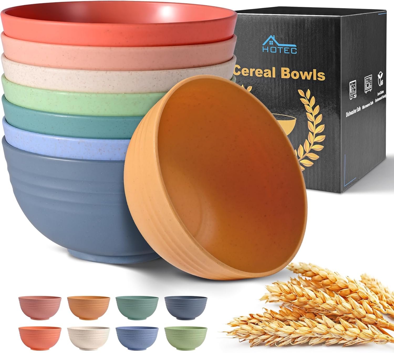 HOTEC BPA Free Unbreakable Wheat Straw Cereal Bowls – Microwave & Dishwasher Safe Soup and Salad Bowls, Set of 8, 26oz, Multicolor