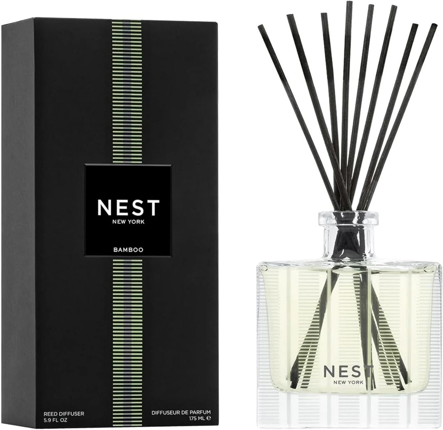 NEST New York Reed Diffuser, Bamboo – 5.9 fl oz – Fragrance for Up to 90 Days – Reusable, Refillable Glass Holder – Includes 8 All-Natural Reed Sticks – Flame Free