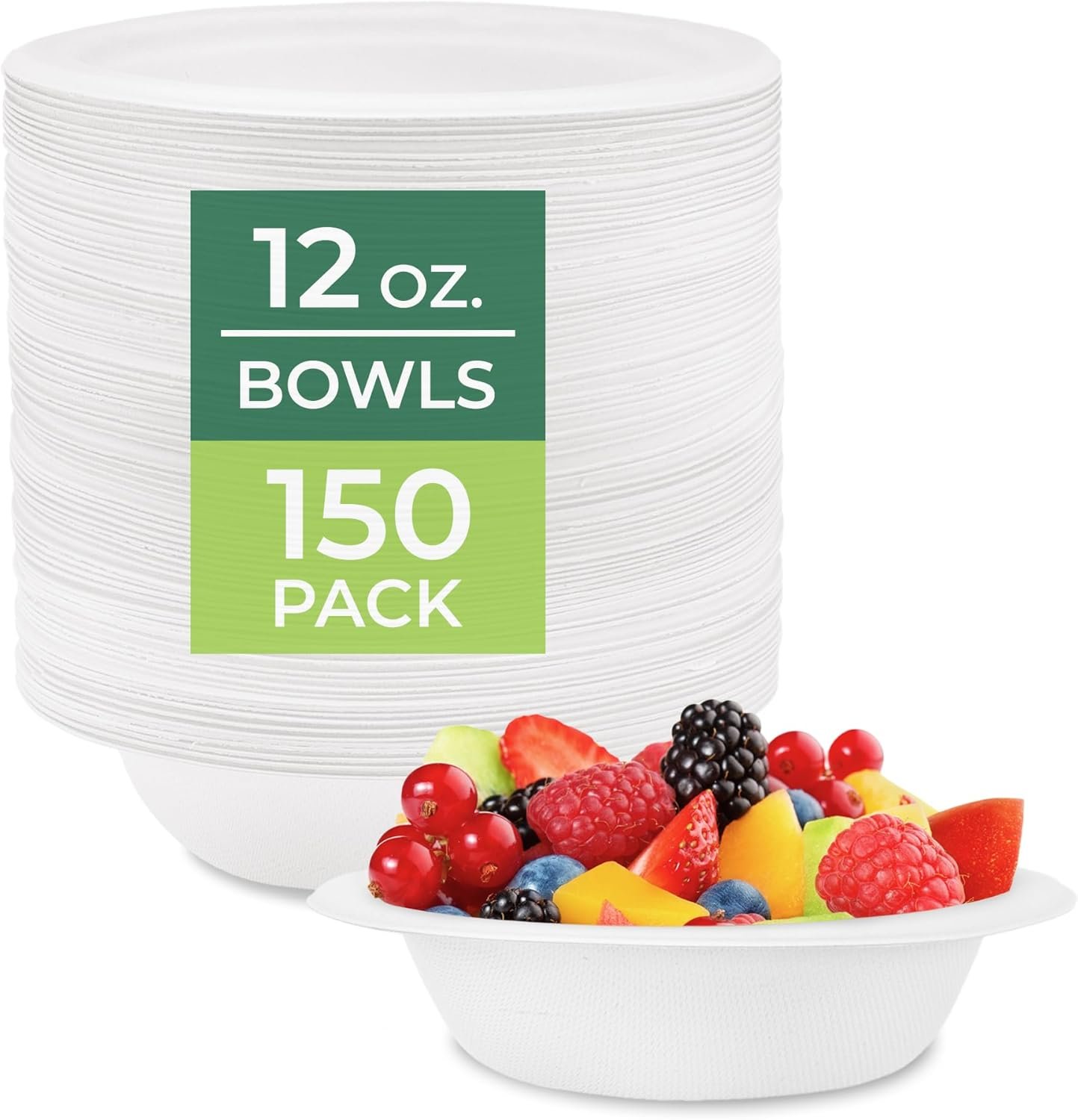 Freshware Paper Bowls – Disposable 12 oz. Soup Bowl, 150-Pack Biodegradable Sugarcane Fiber Serving Bowls – Heavy Duty Bagasse for Hot Food Plates – Microwave & Freezer Safe, Stackable Dinnerware