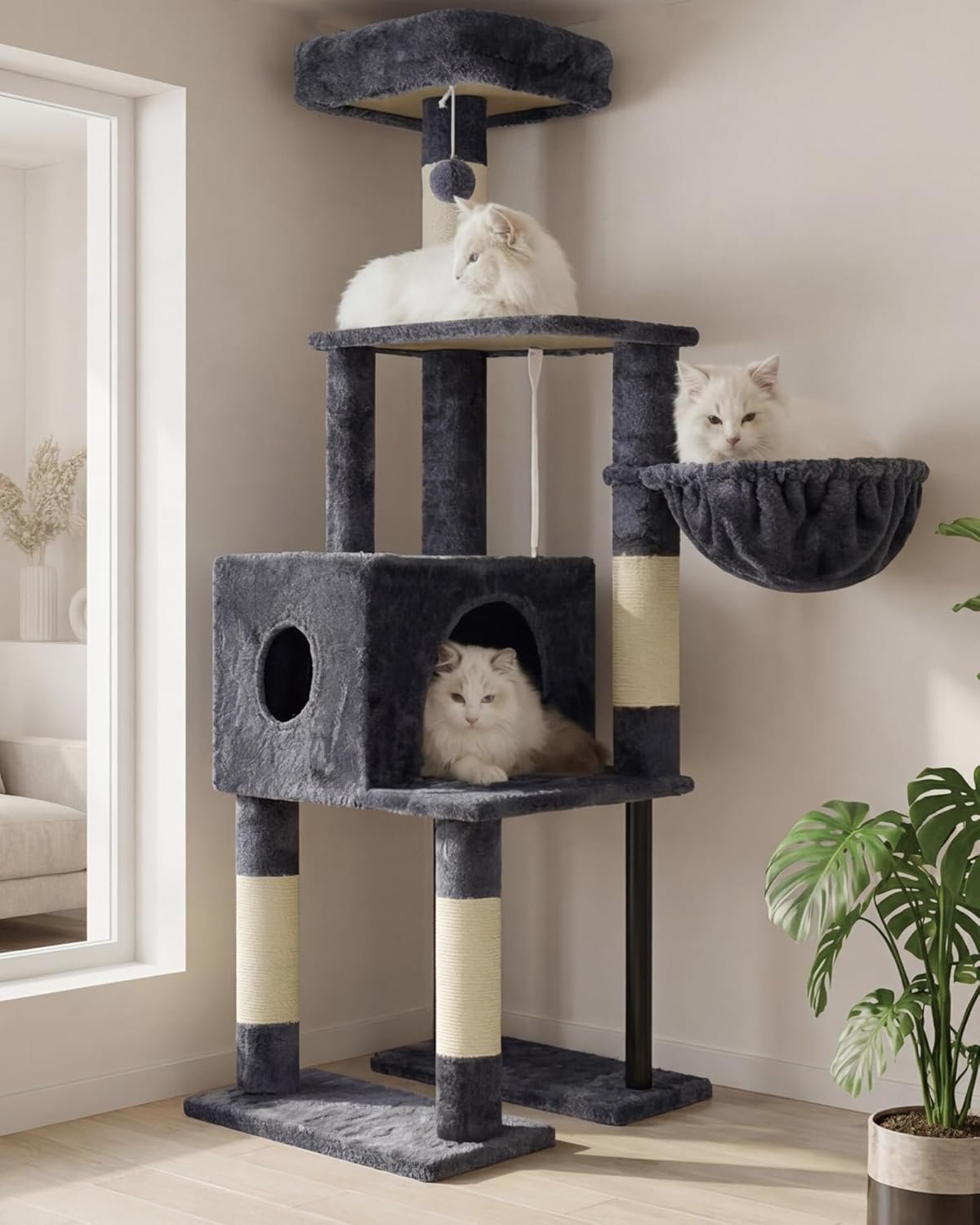 Heybly Cat Tree, 49.2 Inches Cat Tower for Indoor Cats, Spacious Cat House Condo with Hidden Space，Sturdy Steel Tube，Soft Plush Top Perch，Cozy Hammock and Sisal Scratching Posts, Smoky Gray HCT200SG