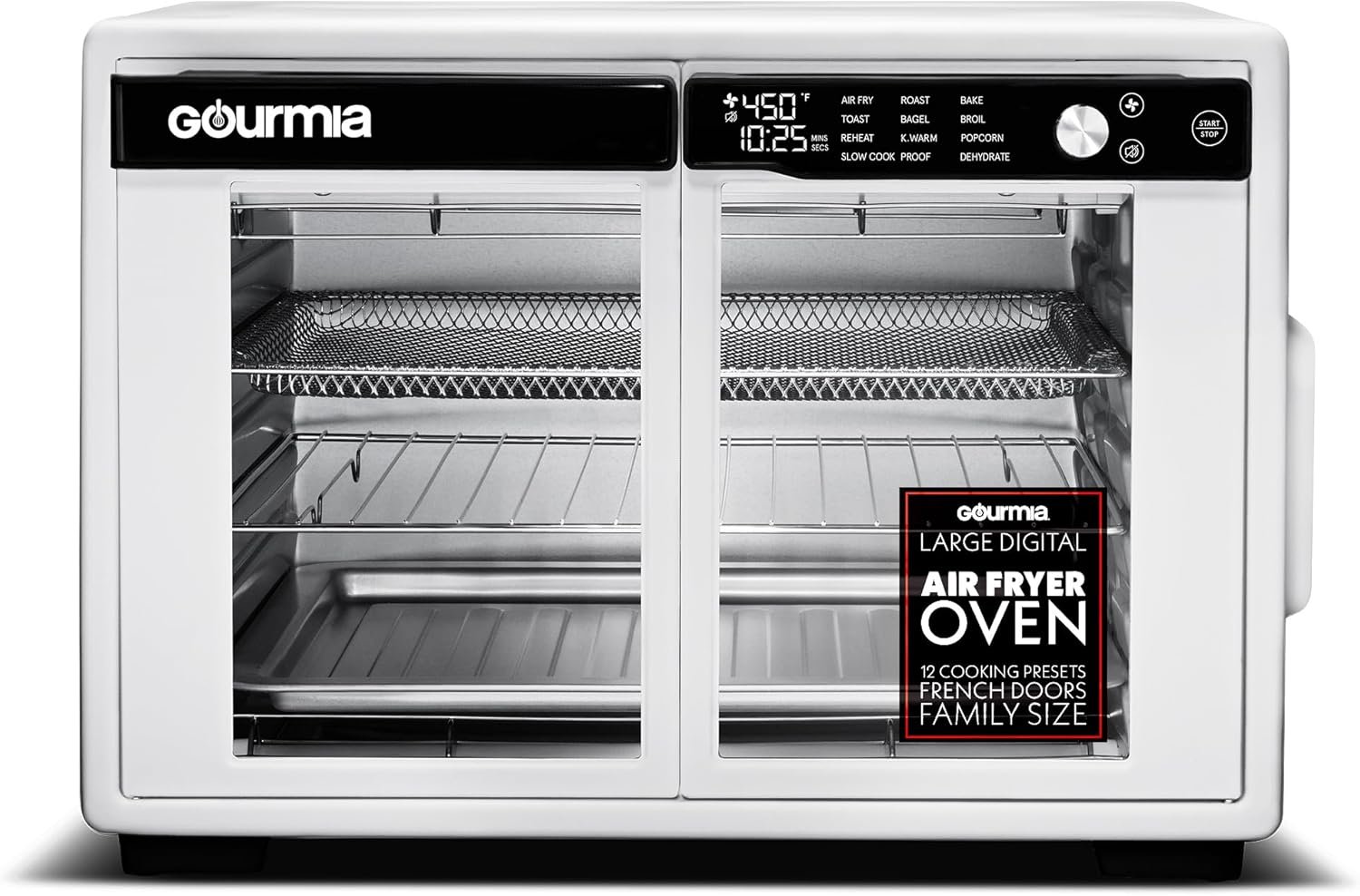 Gourmia French Door Air Fryer Oven – 37 Qt Large Capacity Convection Toaster Oven, FryForce 360°, Digital Display, 12 Cooking Presets, Dehydrate, Fits 13” Pizza, Dishwasher-Safe, White