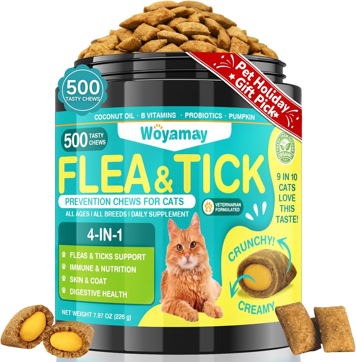 4-IN-1 Flea and Tick Prevention for Cats, 500 Crunchy & Creamy Chews, Cat Flea Treatment, Natural Oral Flea Treatment for Cats, Daily Support for Flea, Immune, Skin & Coat, Gut, Chicken Flavor