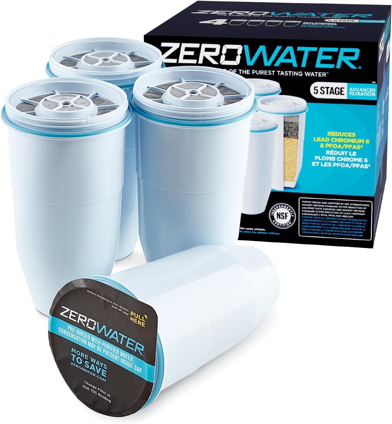 ZeroWater Official Replacement Filter – 5-Stage 0 TDS Water Filter Replacement IAPMO Certified to Reduce Lead, Chromium, and PFOA/PFOS 4-Pack