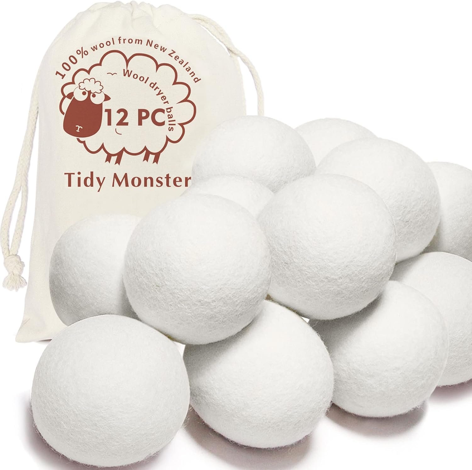 100% New Zealand Wool Dryer Balls XL Size – 12 Pack, Organic & Chemical-Free Fabric Softener, Baby Safe & Hypoallergenic, Reduces Static, Wrinkles & Drying Time, Reusable for 1000+ Loads