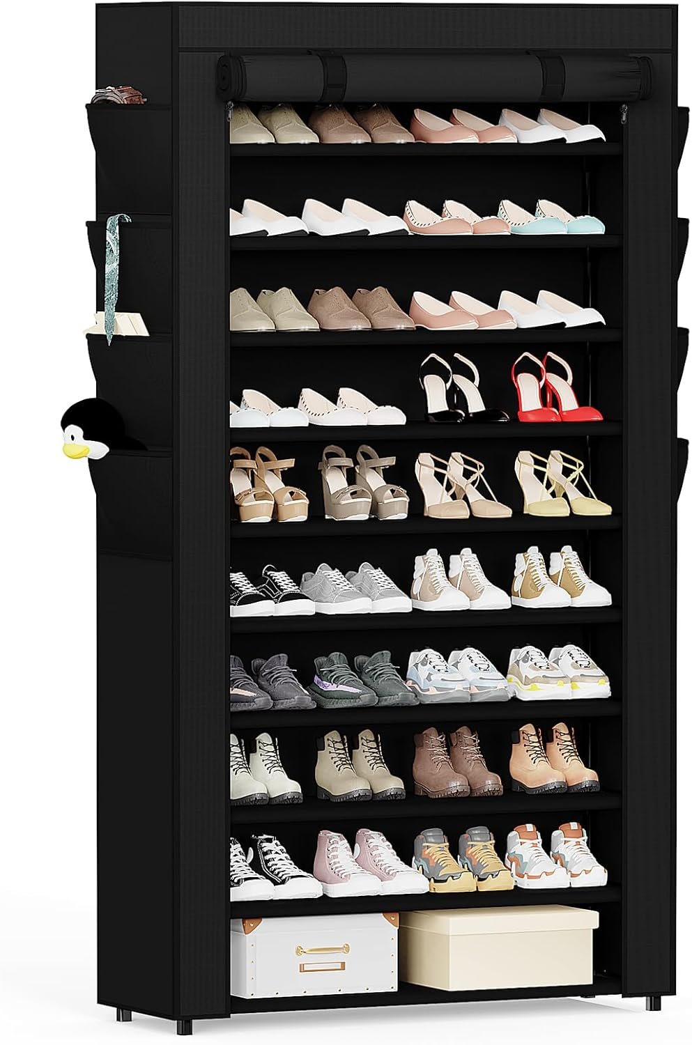 Mavivegue Shoe Rack with Cover, 10 Tier Tall Shoe Storage for 50-55 Pairs of Shoes, Shoe Organizer for Entryway, Closet