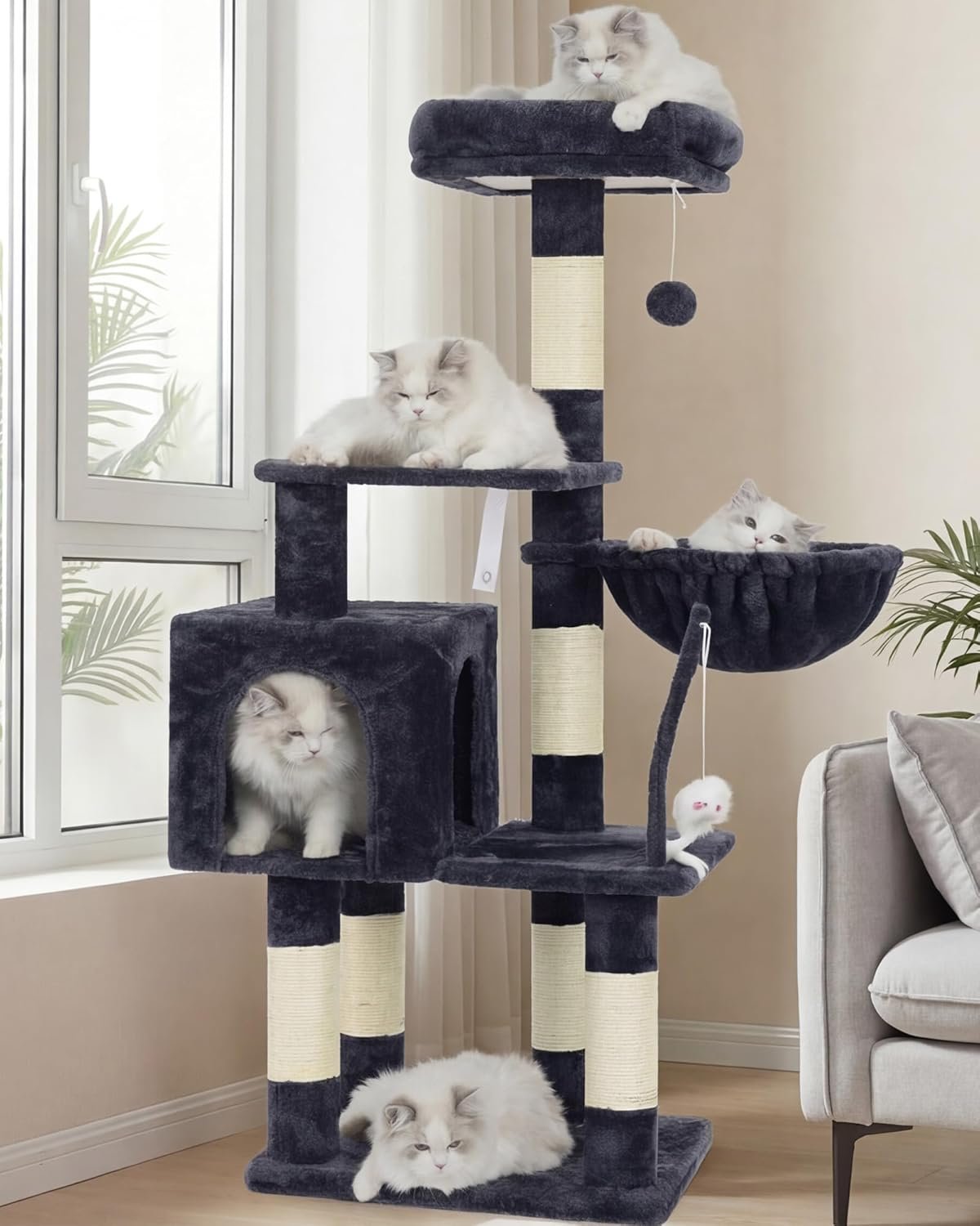 Heybly Cat Tree with Toy, Cat Tower Condo for Indoor Cats, Cat House with Padded Plush Perch, Cozy Hammock and Sisal Scratching Posts, Smoky Gray HCT004SG
