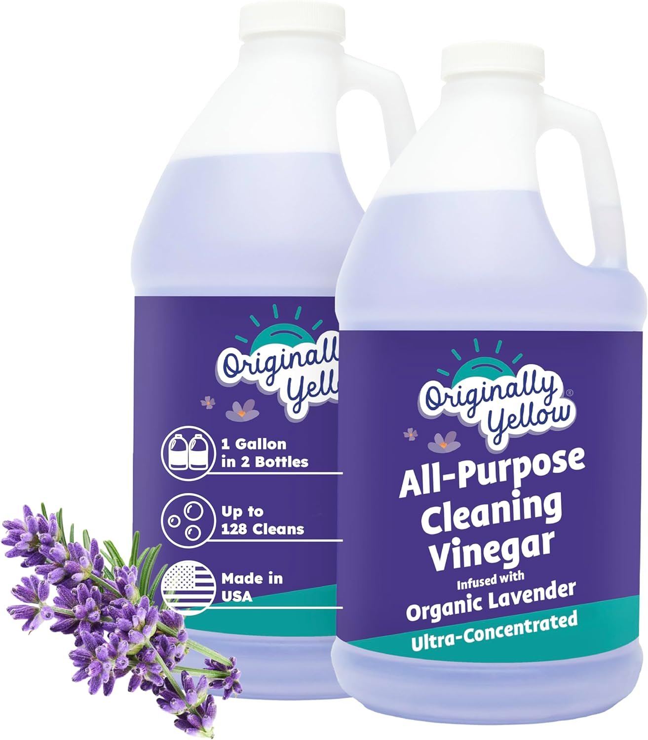 Originally Yellow Lavender White Vinegar For Cleaning Purpose | USA Made All Purpose Cleaner | Use as Glass, Kitchen & Floor Cleaner | Plant Derived Cleaning Vinegar 1 Gallon in 2 pack | 128 Oz