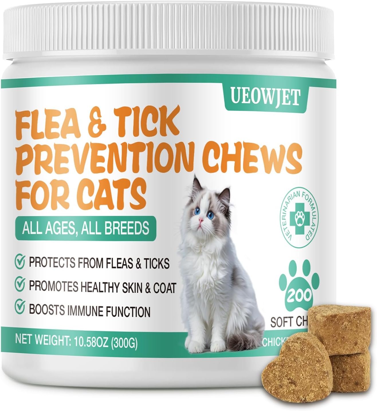 Flea and Tick Treatment for Cats, Flea and Tick Prevention for Cats Chewables, Kitten Cat Flea Treatment, Oral Flea Supplement Skin & Coat Support, Chicken Flavor 200 Counts