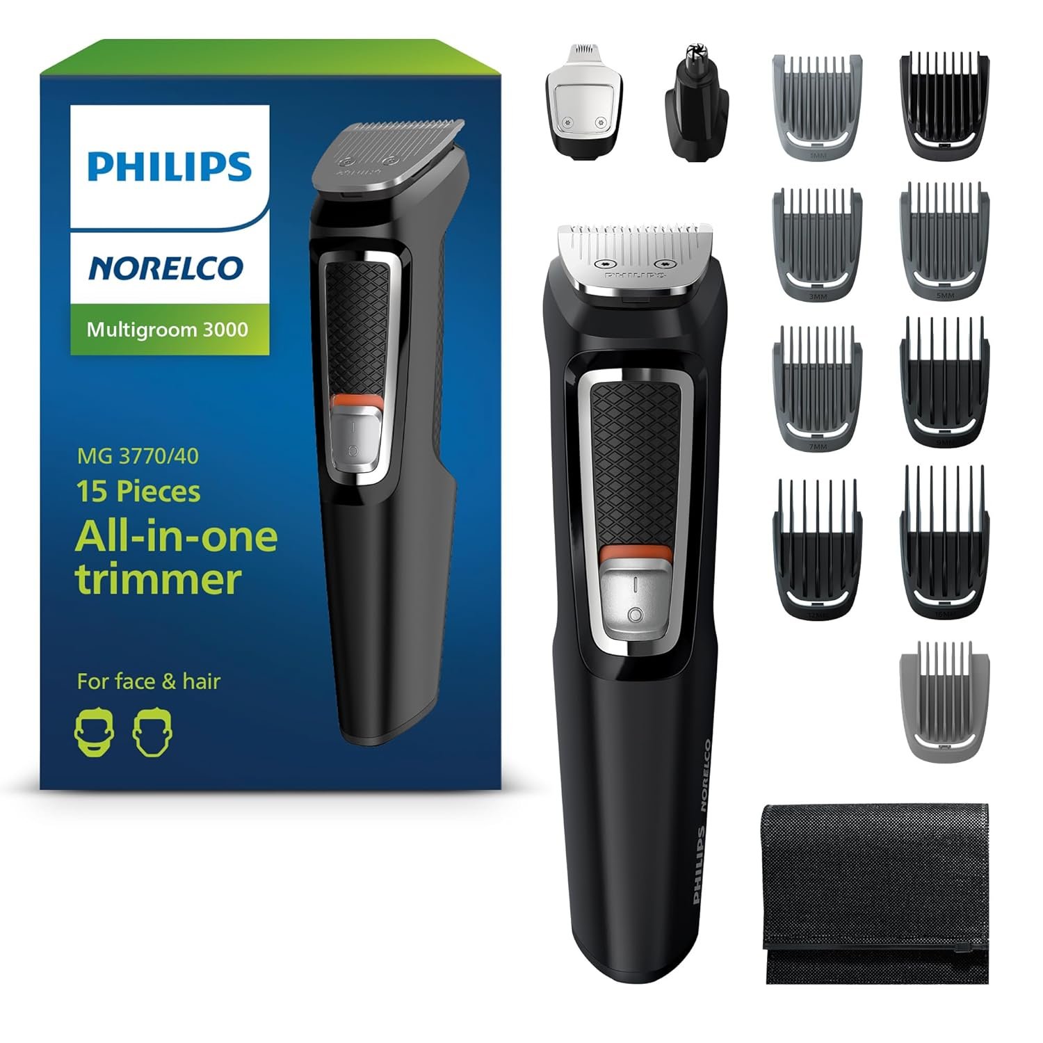Norelco Philips Multigroom 3000 Series, All-in-One Trimmer, Beard Trimmer and Hair Clipper, 15-Piece Men’s Grooming Kit for Head, Beard, Face, Nose, Ears, No Blade Oil Needed, Soft Pouch, MG3770/40