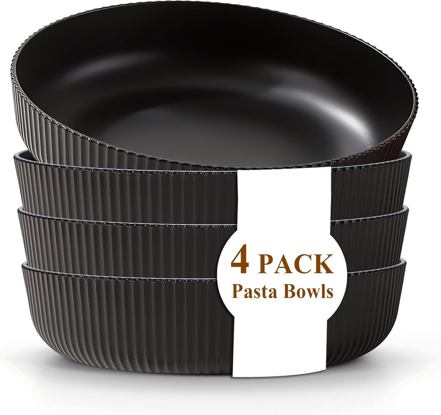 Kyraton Pasta Bowls Set of 4, 37oz Salad Bowls Soup Bowls Large Pasta Serving Bowl Plastic Unbreakable Serving Dishes Dinner Bowls (Black)