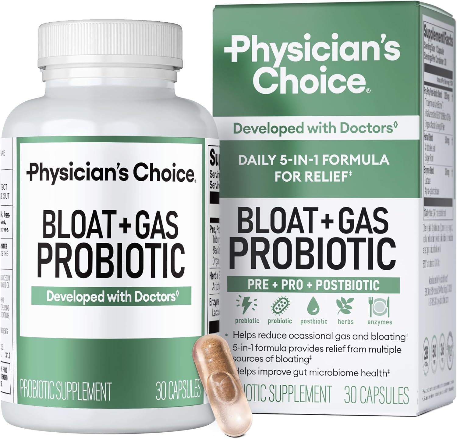 Physician’s CHOICE Bloat & Gas Probiotic 5-in-1 Proactive Support + Daily Relief – Digestion & Gut Health- Herbals, Digestive Enzymes, Post & Prebiotics – Gas Relief for Adults – Women & Men – 30ct