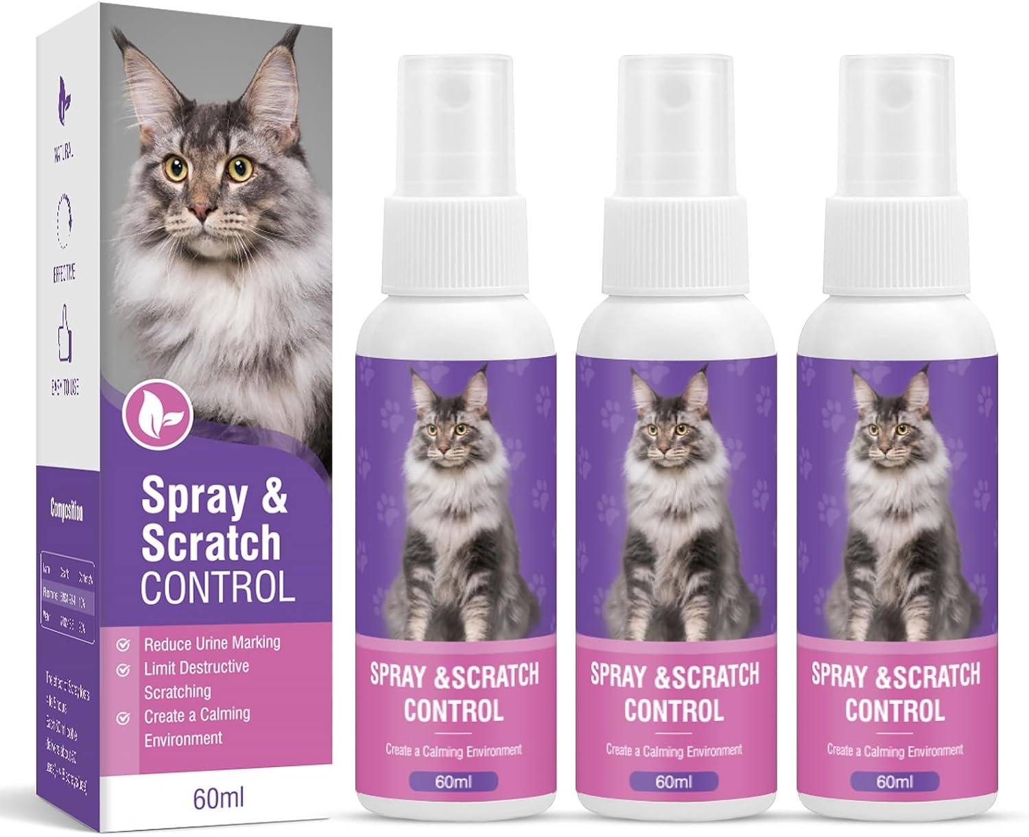 Cat Calming Spray Calming Solution for Cats Cat Pheromone Spray Reduces Stress Anxiety Scratching Calming Spray for Cats Good for Home Travel Cat Pheromones Calming Spray 60 ML 3 Pack