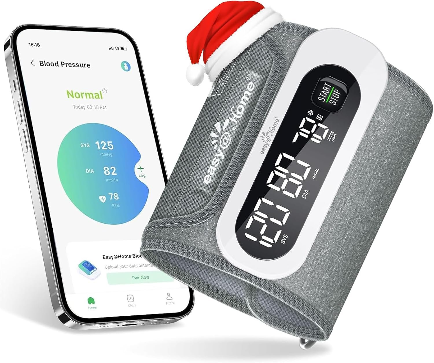 Wireless Bluetooth Blood Pressure Monitor for Home Use: Easy@Home Rechargeable BP Machine with Large Cuff, Free MyHeartPal App, One-Piece Design, Compact & Portable, iOS & Android Compatible, EBP-96B