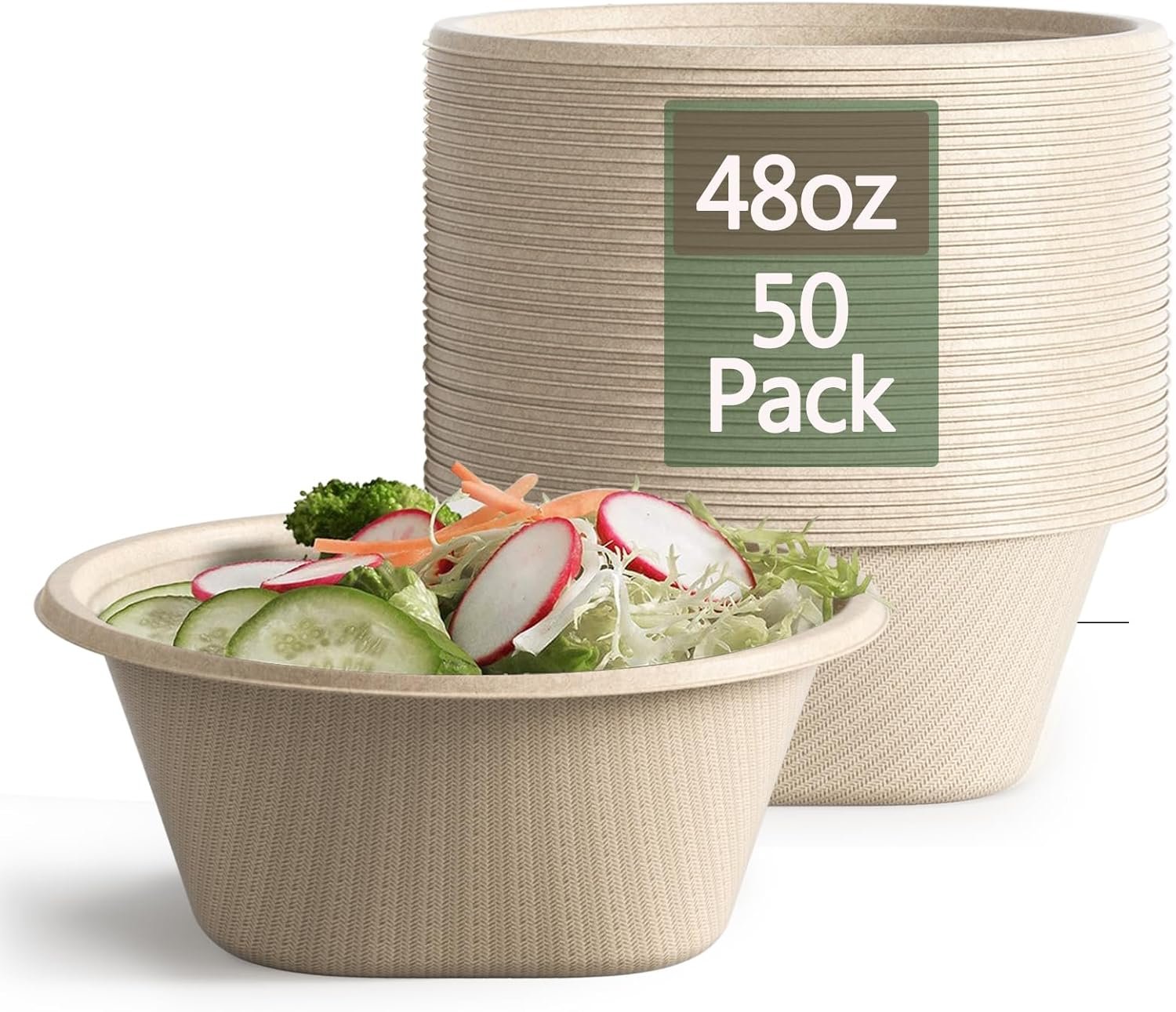 Homestockplus Large Disposable Bowl – Heavy Duty Paper Bowls – Made from Sugarcane and Bamboo Fiber, Microwave Safe – 48 Oz Paper Bowls for Soup, Salad, Ramen, Popcorn, etc.[50/Pack]