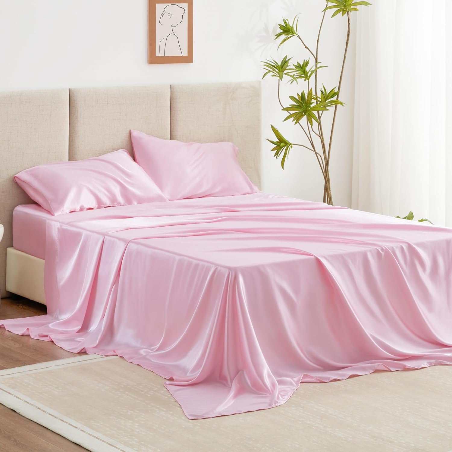Love’s cabin Satin Queen Sheets Set – 4 Piece Pink Silky Bed Sheets Set with Deep Pocket, Luxury Silk Feel Satin Queen Size Sheet Set (1 Flat Sheet,1 Fitted Sheet,2 Pillow Cases)