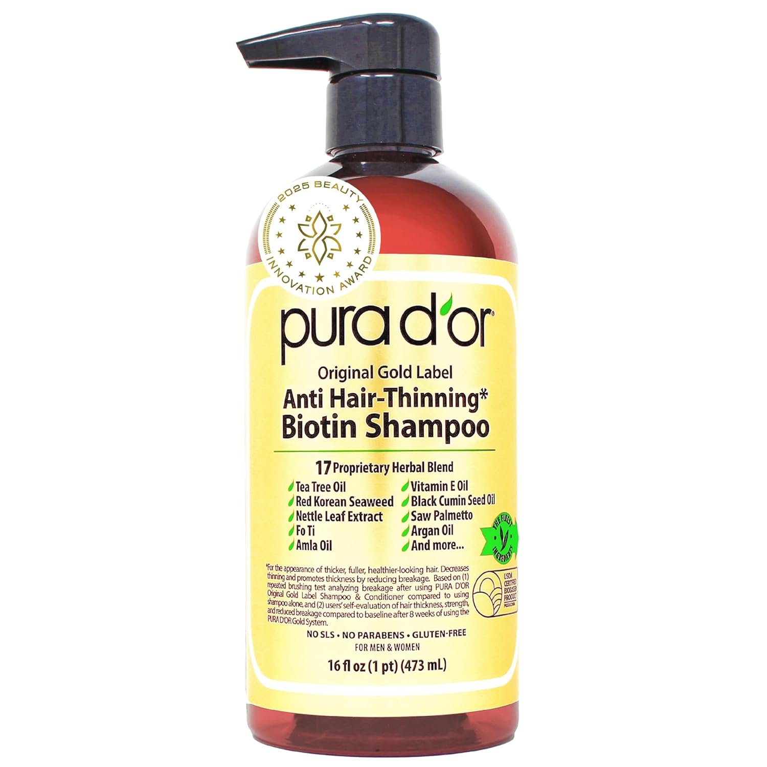 PURA D’OR Original Gold Label Anti-Thinning Shampoo – CLINICALLY TESTED Botanical Formula – Biotin & Argan Oil – Sulfate-Free Strengthening & Volumizing for Fuller-Looking Hair, Men & Women, 16 fl oz